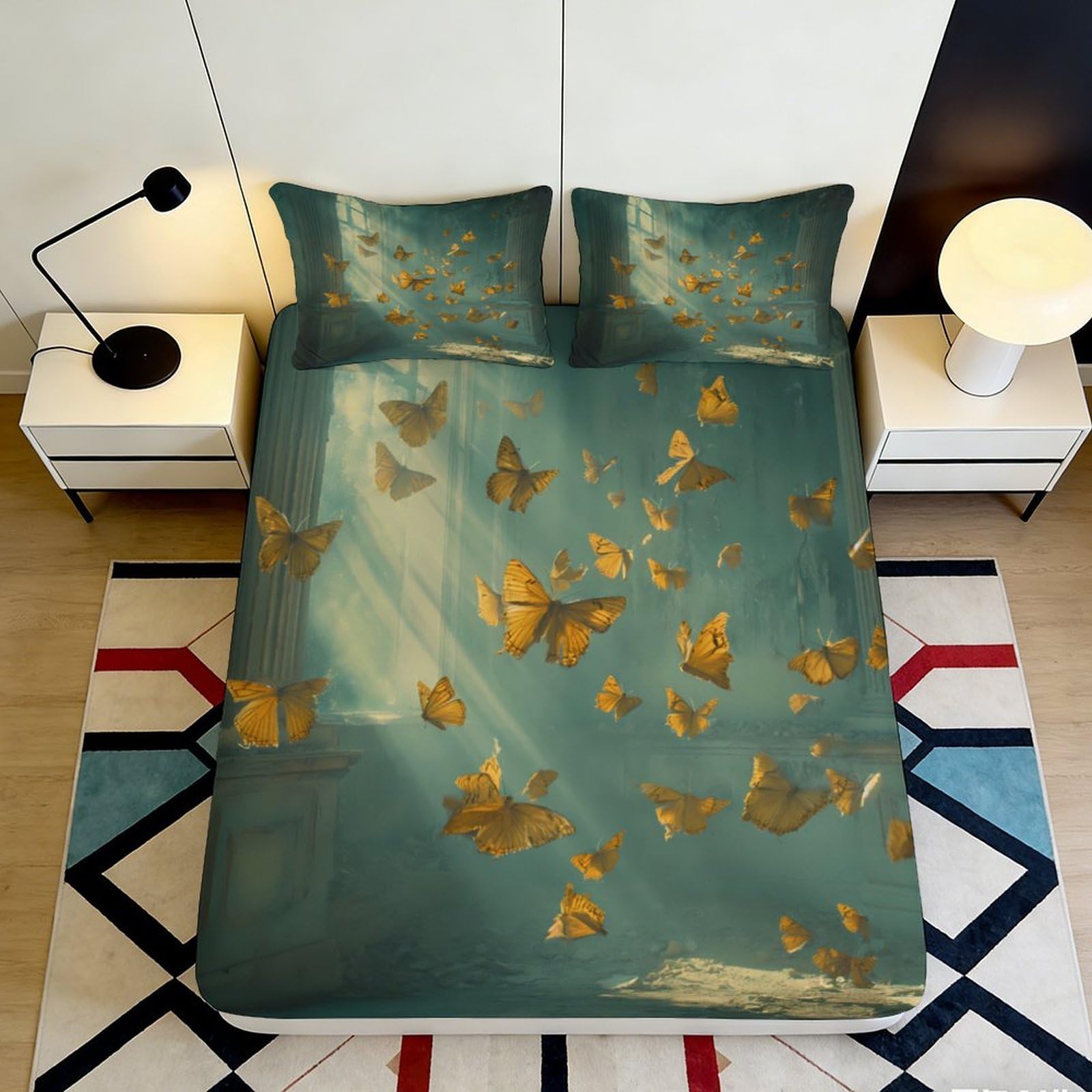 3D Printed Butterfly Fitted Sheet Microfiber Deep Pocket Bedroom Non-Slip Butterfly Mattress Fitted Cover for Adults 90x200x25cm