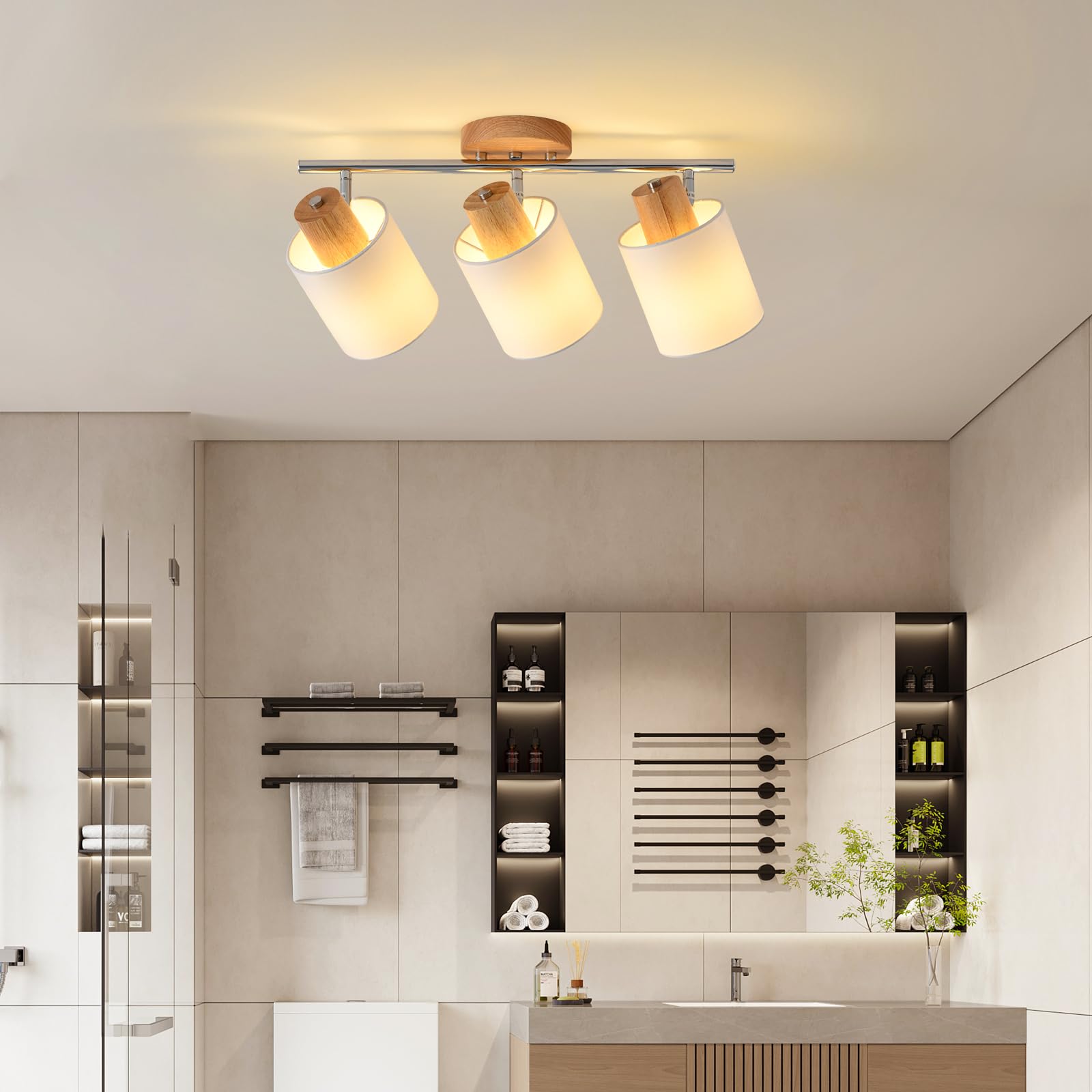 SANSHI faretti led soffitto in 3 punt，lampadario legno regolabile, Base E14 230V moderna Luce a parete,faretti soffitto per interni soggiorno, camera da letto, sala da pranzo (senza lampadine)