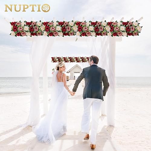Miniatura 4 de NUPTIO Centros de mesa de flores artificiales para mesas, 6 unidades, color borgoña, rosa polvorienta y blanco cremoso, arreglos de rosas falsas de