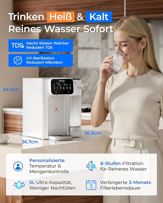 Waterdrop CT01 Hot & Cold Filter Water Dispenser Reduces TDS & Limescale 5 L Reduces chlorine preserves important minerals 8-stage filtration UV sterilisation multiple temperature and volume options