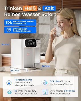 Waterdrop CT01 Hot & Cold Filter Water Dispenser Reduces TDS & Limescale 5 L Reduces chlorine preserves important minerals 8-stage filtration UV sterilisation multiple temperature and volume options