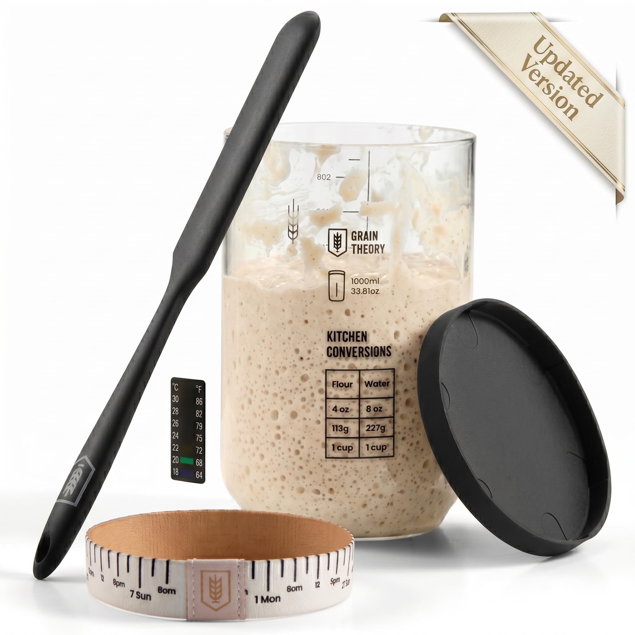 KooK Sourdough Starter Kit, with Glass Levain Jar, Date Marked Feeding Band, Metal Cap, Thermometer, Silicone Spatula Scraper, Cloth Cover and Guide, 24 oz, KM1SK23G
