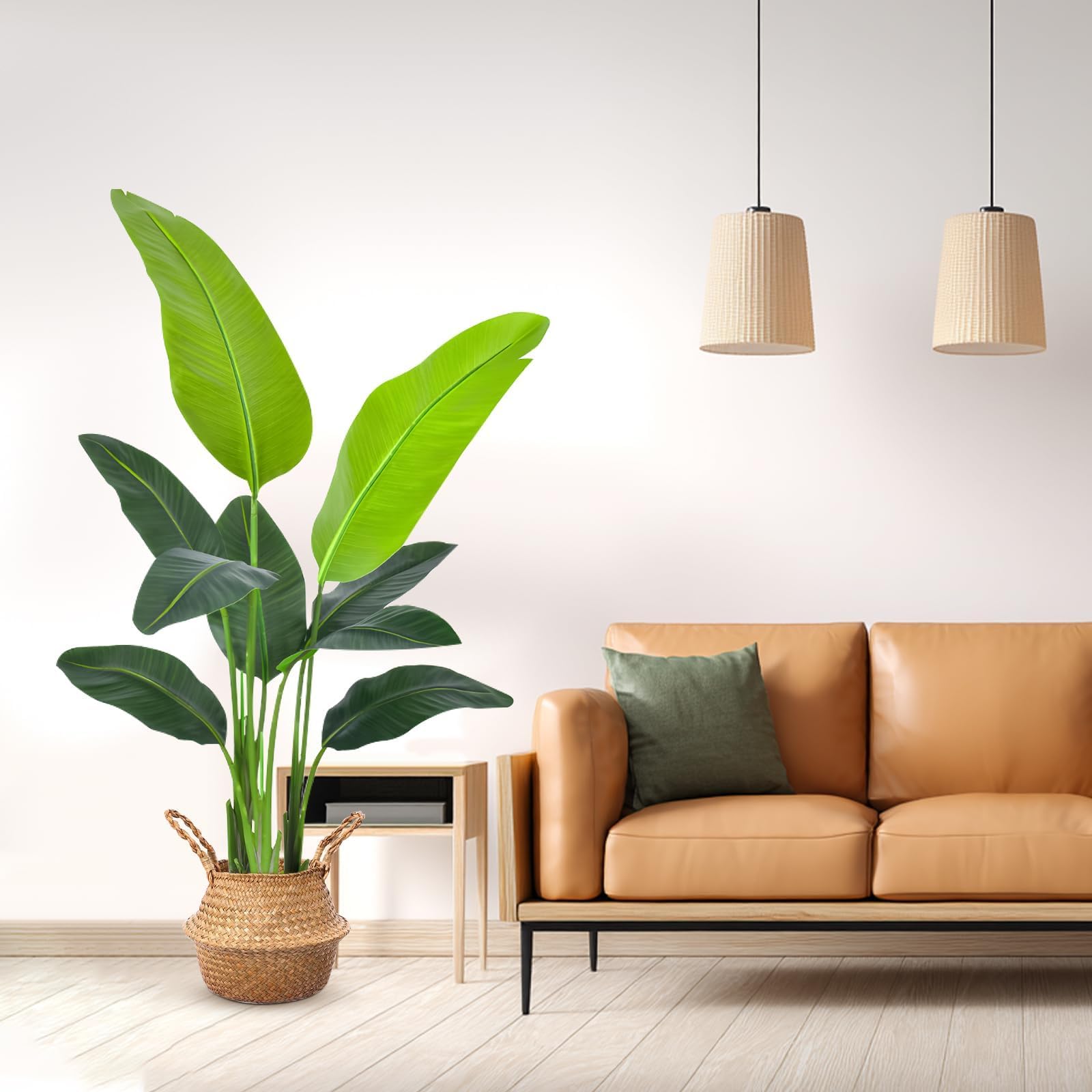 Photo 1 of DOKKOME Bird of Paradise Plant Artificial 4ft, Faux Banana Leaf Tree with 9 Trunks in Pot and Woven Seagrass Belly Basket - The Perfect Silk Faux Plant for Indoor Outdoor House Living Room Decor