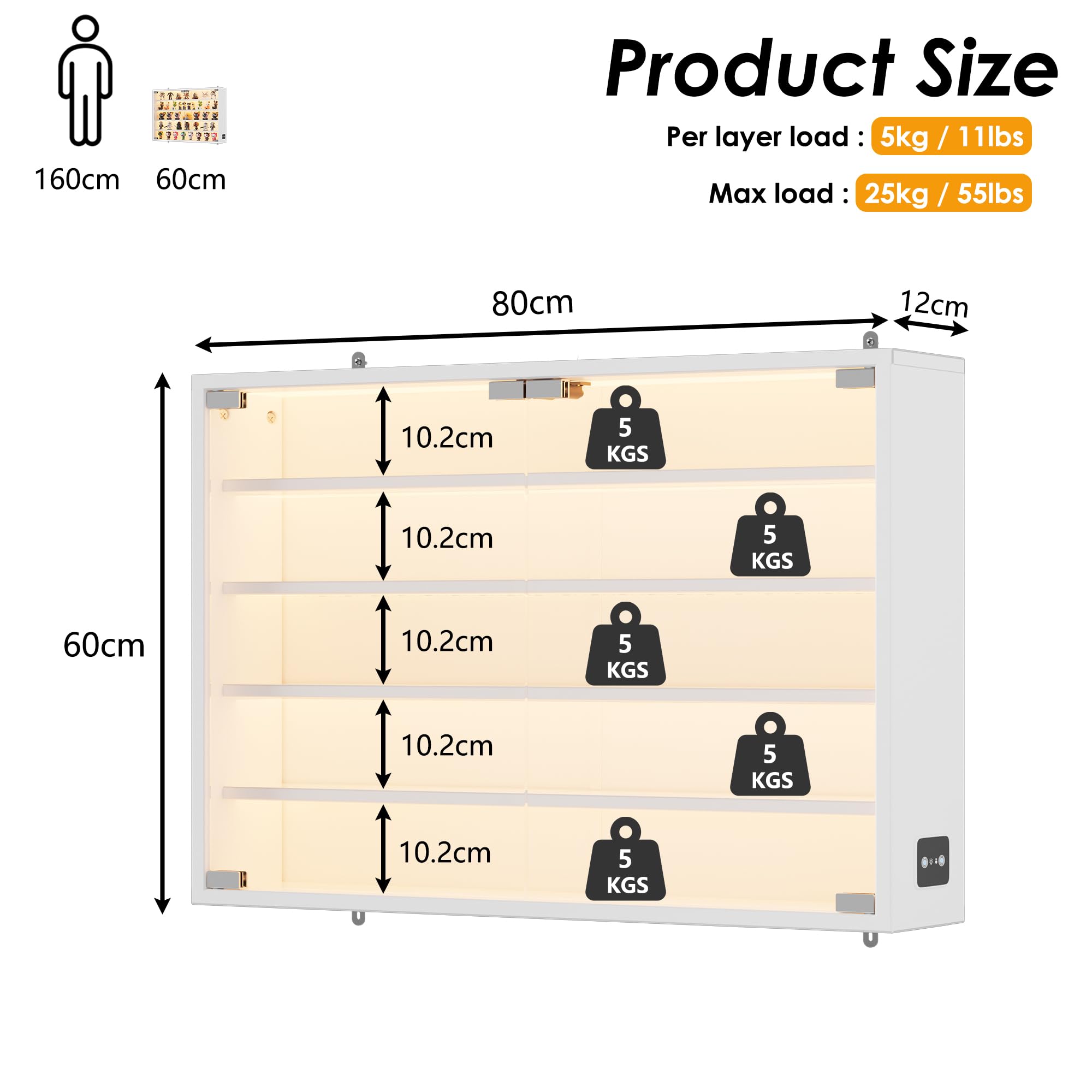 MSFE Glas HängeVitrinenschrank mit LED,Schaukasten Vitrine Klein mit Intelligente Sensorik,Glasvitrine Staubdicht,Sammlervitrine Wand Weiß,für Wohnzimmer,Schlafzimmer,Büro,Jede Schicht trägt 5 kg
