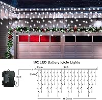Vista 5 de Luces de cortina de hadas para jardín, luces de carámbano, 102 LED con batería para exteriores, con mando a distancia y temporizador, cable verde