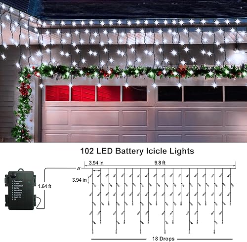 Miniatura 5 de Luces de cortina de hadas para jardín, luces de carámbano, 102 LED con batería para exteriores, con mando a distancia y temporizador, cable verde