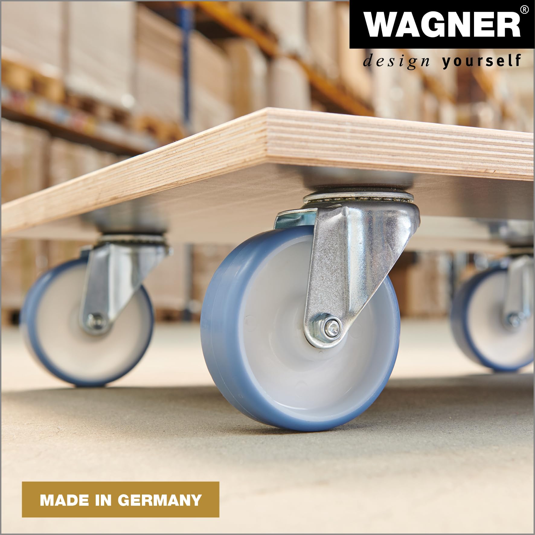 WAGNER Transportroller Transporthilfe 1145 I Schichtholz 24 mm mit Grip I 59 x 49 x 15 cm, Tragkraft 500 kg I Schwerlastroller für Umzug, Werkstatt, Handwerk I Rollbrett Softrollen I FSC® I Made in DE