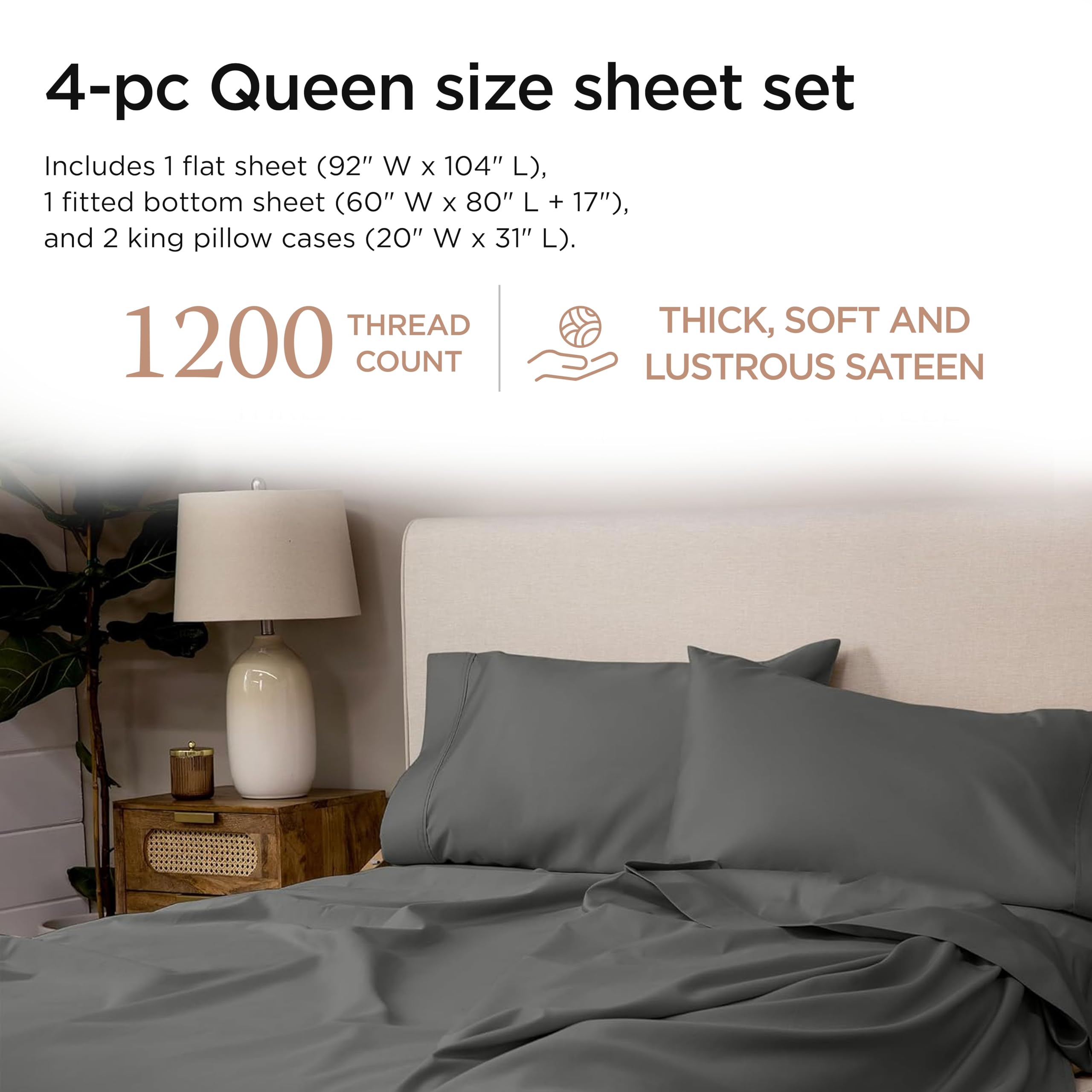 Threadmill - Sábanas de Lujo 100% algodón Supima, sábanas de Lujo de 1200 Hilos para Cama tamaño Queen, Juego de sábanas de 4 Piezas, Color Gris Oscuro, Calidad de Hotel de 5 Estrellas, con Bolsillo