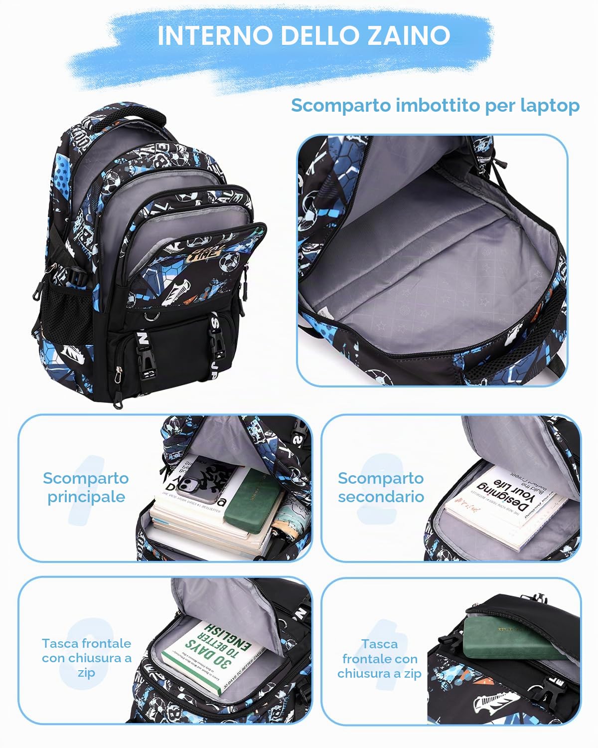 Tanou Zaino Scuola Media e Superiore, Zaini Ragazzo da Calcio | Zaino Casual per Adolescenti Ragazzi 12-19 anni, Grande Capacità in Nylon per la Scuola Viaggio, Nero/Blu