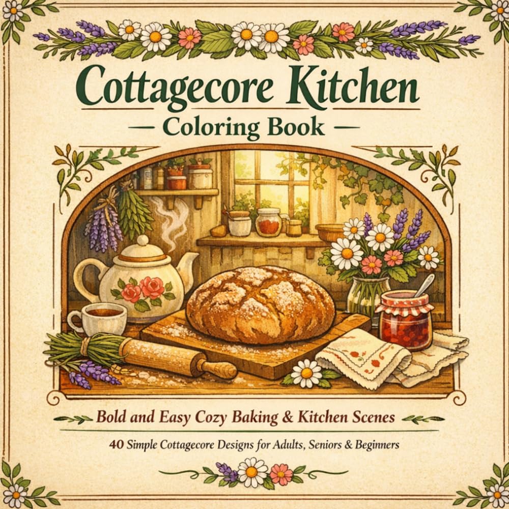 Cottagecore Kitchen Coloring Book: Bold and Easy Cozy Baking & Kitchen Scenes | 40 Simple Cottagecore Designs for Adults, Seniors & Beginners | Wildflowers, Herbs, Farmhouse & Rustic Kitchen Art