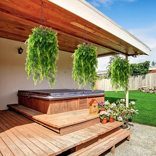 Miniatura 6 de Plantas colgantes artificiales en cesta, falsas plantas de helechos de algas marinas rizadas con cadena de forro de coco, maceta de palma, planta