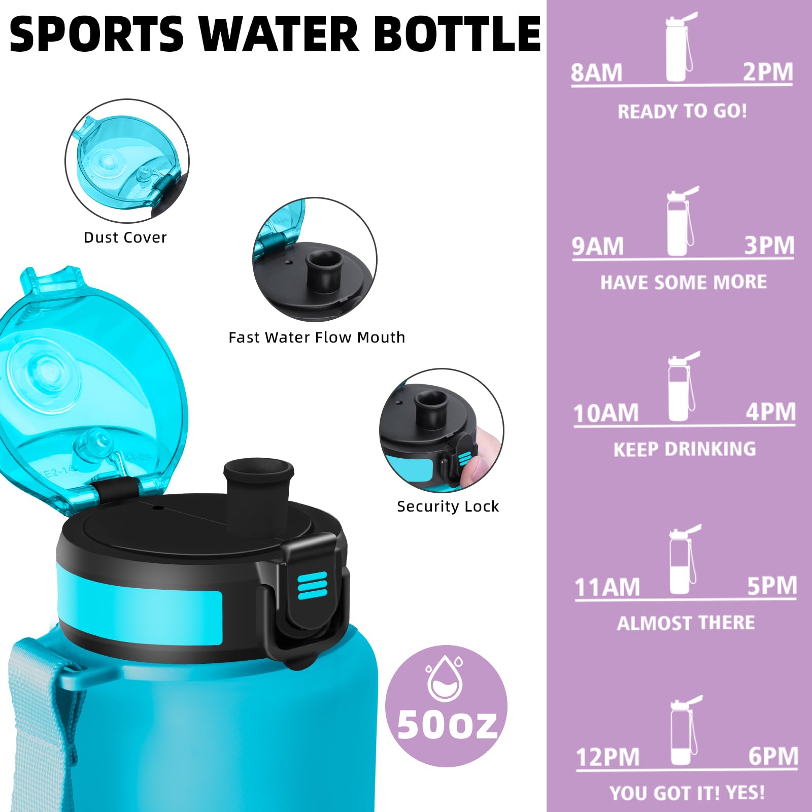 Borraccia 1,5 litri, Borraccia Palestra, Borracce Senza Perdite, Borracce Motivazionale, Facile da Pulire, Bottiglia Orari, Bottiglia Graduata, Facile da Trasportare, per Fitness, Corsa, Escursionismo