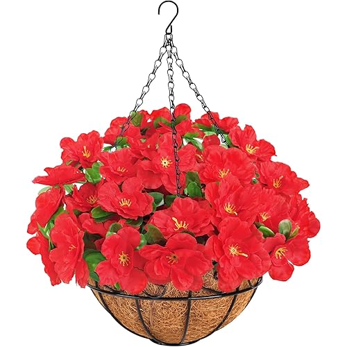 Ouddy Decor Artificial Hanging Flowers with Basket, Silk Fake Azalea Flowers in Coconut Lining Hanging Basket for Indoor Outdoor Yard Garden Patio Home Room Porch Decorations (Red)