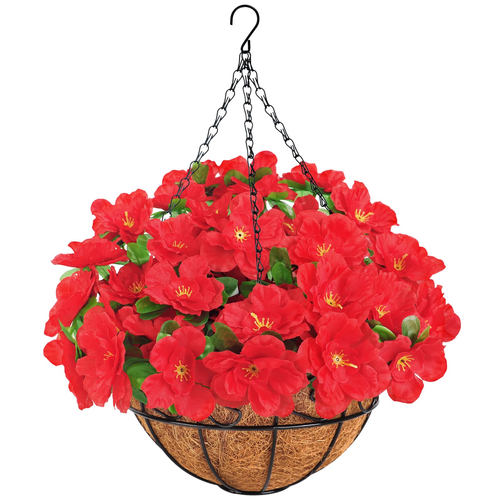 Artificial Hanging Flowers with Basket, Silk Fake Azalea Flowers in Coconut Lining Hanging Baskets, Fake Hanging Plants for Indoor Outdoor Yard Garden Patio Home Room Porch Decorations (Red)