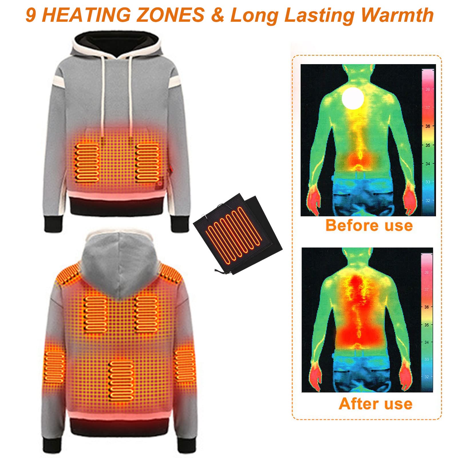 elektrische verwarmingsdeken, verwarmde dames- en herenjas met capuchon, fleece verwarmde jas met 9 gebieden verwarming en 3 temperatuurniveaus, wasbare verwarming hooded sweater voor b