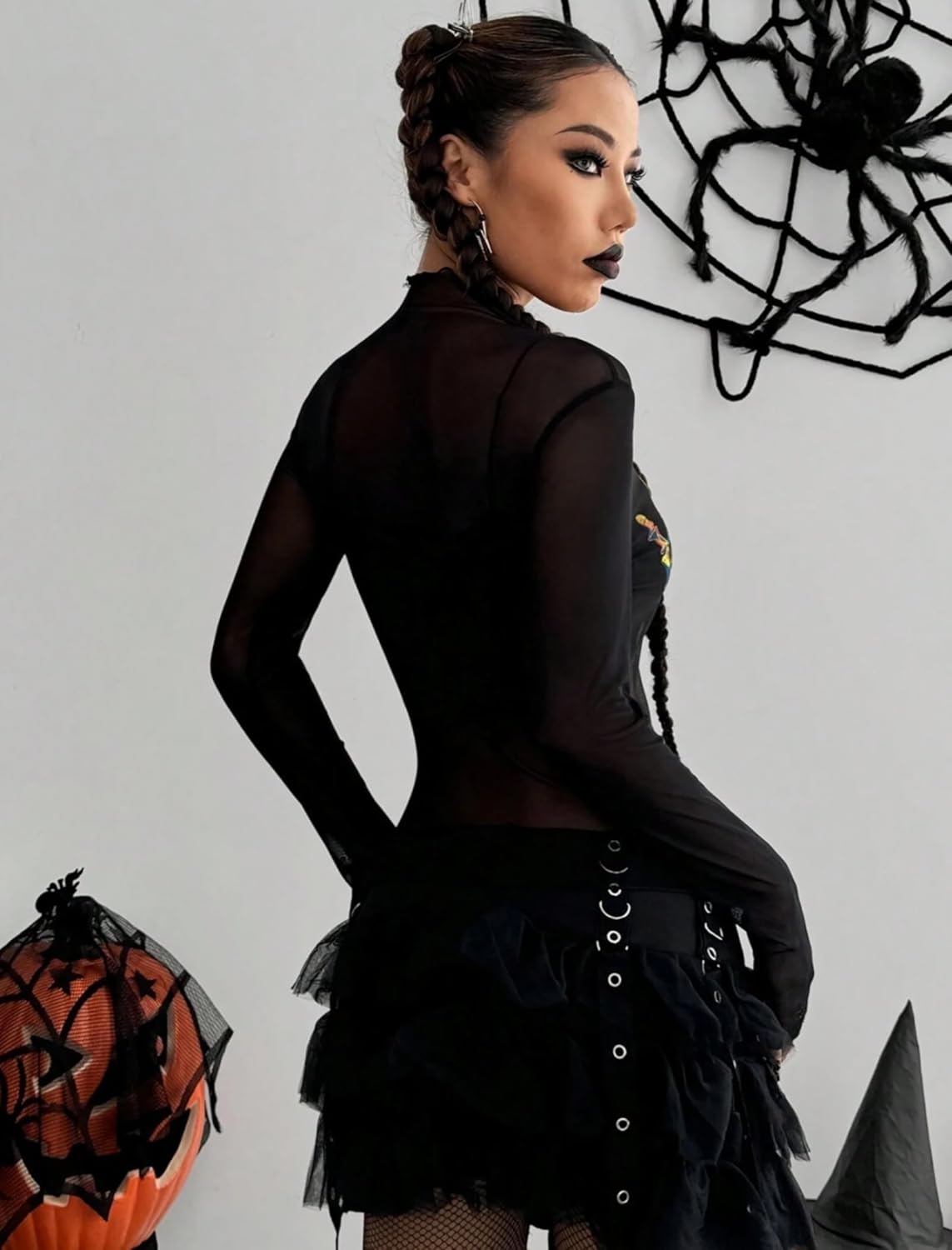 Mesh Long Sleeve Tops for Women Mock Neck See Through Fitted Sexy Going Out Top(Halloween,X-Large) - Image 3