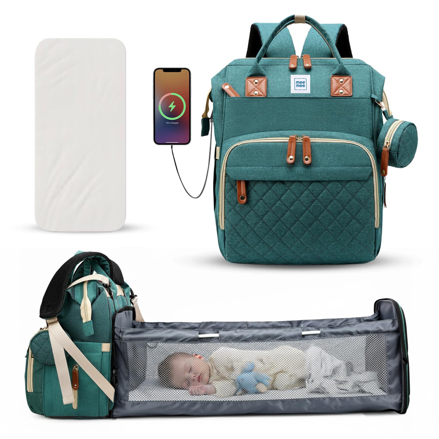 Mee Mee Tiny Treks Baby Diaper Bag Backpack with Foldable Bassinet & Changing Station | Waterproof Maternity Travel Bag for Moms | USB Port, Insulated Bottle Holder & Pacifier Holder-image-31
