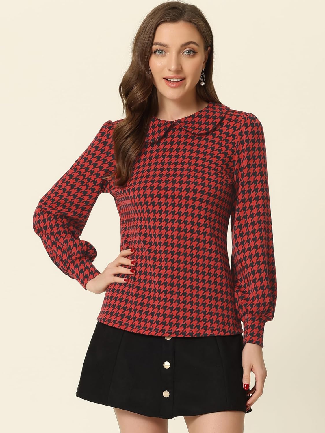 Allegra K Women's Peter Pan Collar Shirt Fashion Puff Long Sleeve Houndstooth Plaid Blouse - Image 3