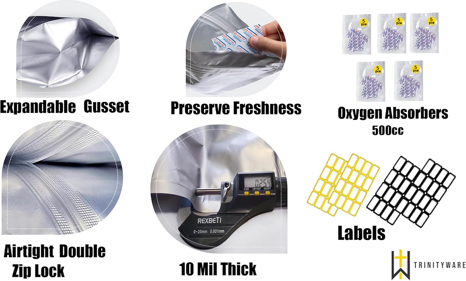 50 pcs Mylar Bags for Food Storage – 1 Gallon (10" x 14") with Oxygen Absorbers 500CC, Smell Proof, Resealable, Food Grade, Air-Tight, Resealable, Dry Curing, Ziplock Bags, Heat Seal | USA Product