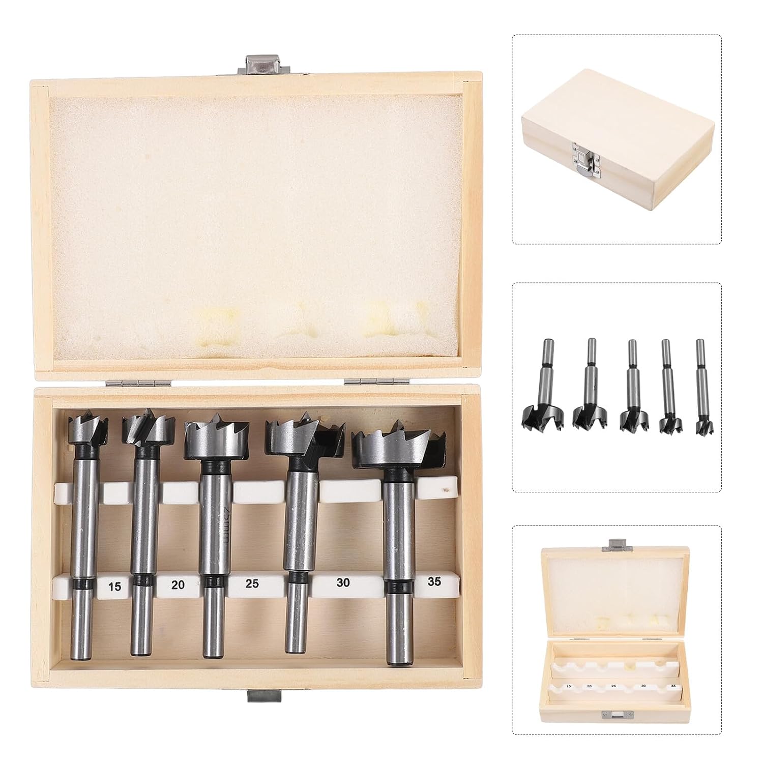VALICLUD 5pcs Fast Cutting Steel Drill Bit Set Woodworking Round Shank Hinge Cutter for Hard and Soft Wood with Wooden Storage Box