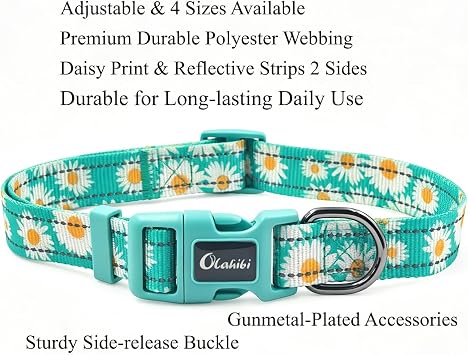 Dog Collar Leash Set, Floral Pattern, with Safety Reflective Strips, 5 ft Matching Leash, Neoprene Padded Handle, Adjustable 4 Sizes for Small Medium Large Dogs.(M, Green Daisy)