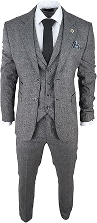 Mens Classic 3 Piece Suit Prince of Wales Check Grey Tailored Fit Vintage Wedding