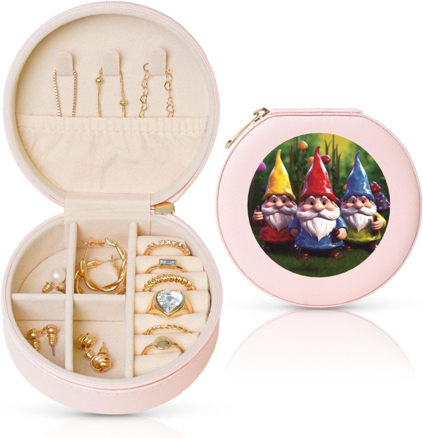 Travel Jewelry Box for Women Birthday Gifts, Colorful Gnomes Jewelry Case PU Leather Jewelry Organizer Small Round Display Storage Box for Rings Earrings Necklaces
