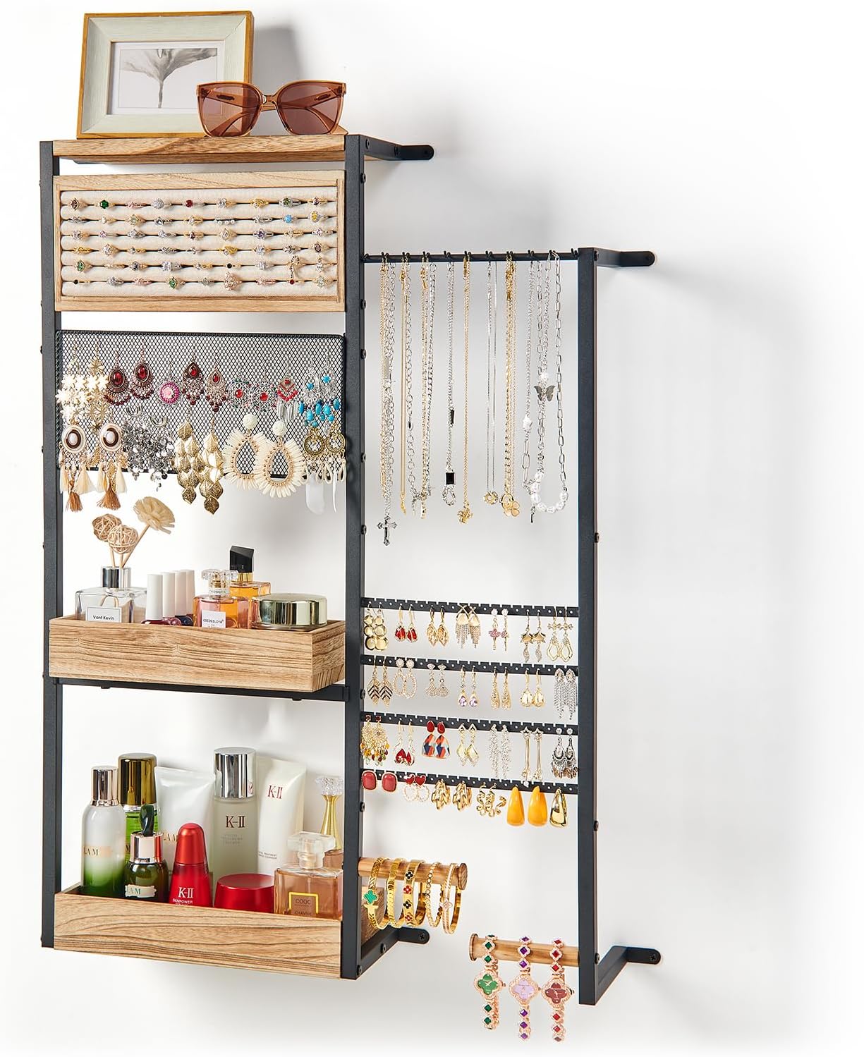 Pinzoveco Hanging Jewelry Organizer Wall Mounted, Large Hanging Jewelry Organizer Holder for Necklaces,Bracelest,Earrings,Rings,Watched,Makeup & Perfume (Black)