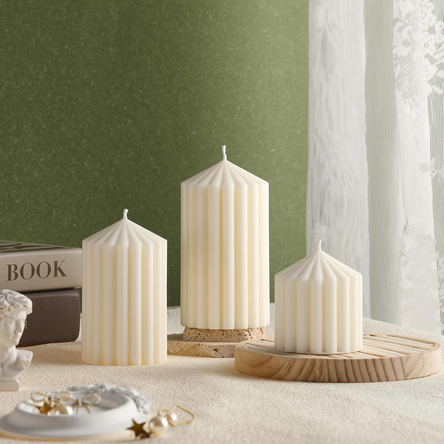 Set of 3 Ribbed Pillar Candles Soy Wax Scented Ribbed Candles Includes 2.8, 4.2 and 5.1 Inches Heights Romantic Decoration for Home Birthday Gift(White) - Image 4