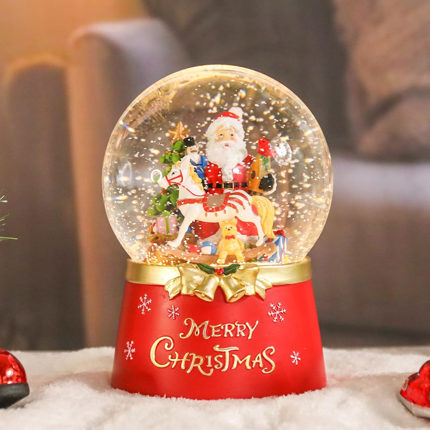 Taman Christmas Snow Globe, Santa Claus with Merry-go-Round Musical Swirling Glitter Snowflakes Lighted Christmas Decorations Tabletop Home Décor