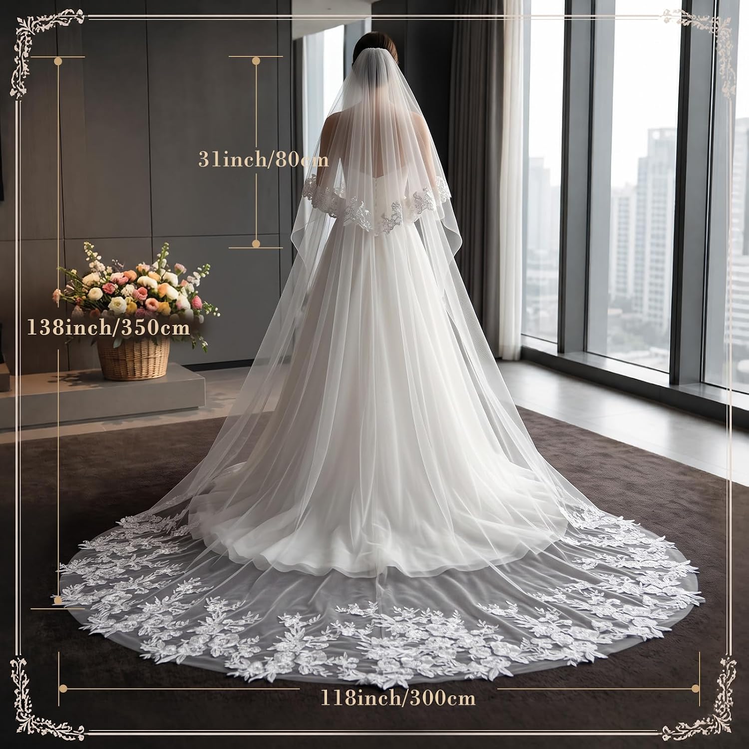 2 Tier Cathedral Wedding Veil Ivory Lace Blusher Metal Comb