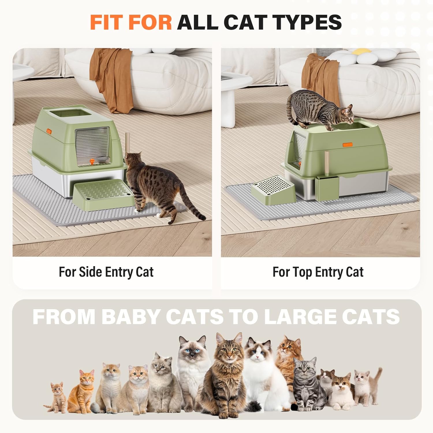 Removable Stainless Steel Cat Litter Box with lid, Front & Top Entry Kitty LitterBox，Cat Litter Box Enclosure, XL Extra Large High-Sided Metal Cat Box with Scoop,Mat,Footboard (Green)