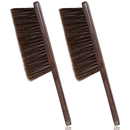 2 Pieces Hand Broom Woooden Dust Brush Bench Brush with Long Wood Handle Whisk Broom Soft Bristle Brush for Clothes Bed Fireplace Sofa Counter Car Household Cleaning (Brown)