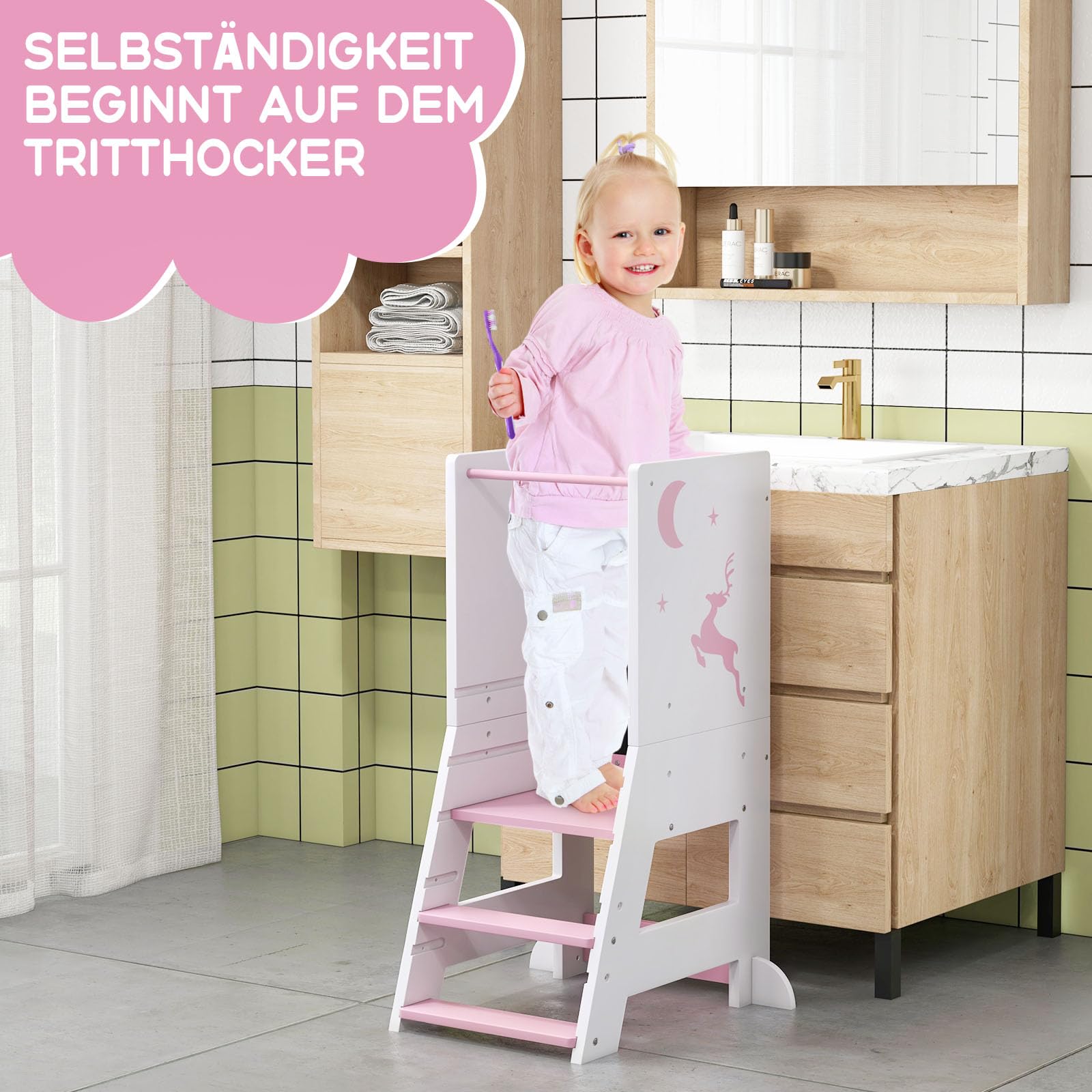 GOPLUS Lernturm Kinder, Mehrzweck-Tritthocker aus Holz mit 3 verstellbare Höhen, Lernstuhl Baby mit Whiteboard, Tafel, 3 Stiften, für Kinder ab 1 Jahren, 37 x 50 x 87 cm (Rosa)