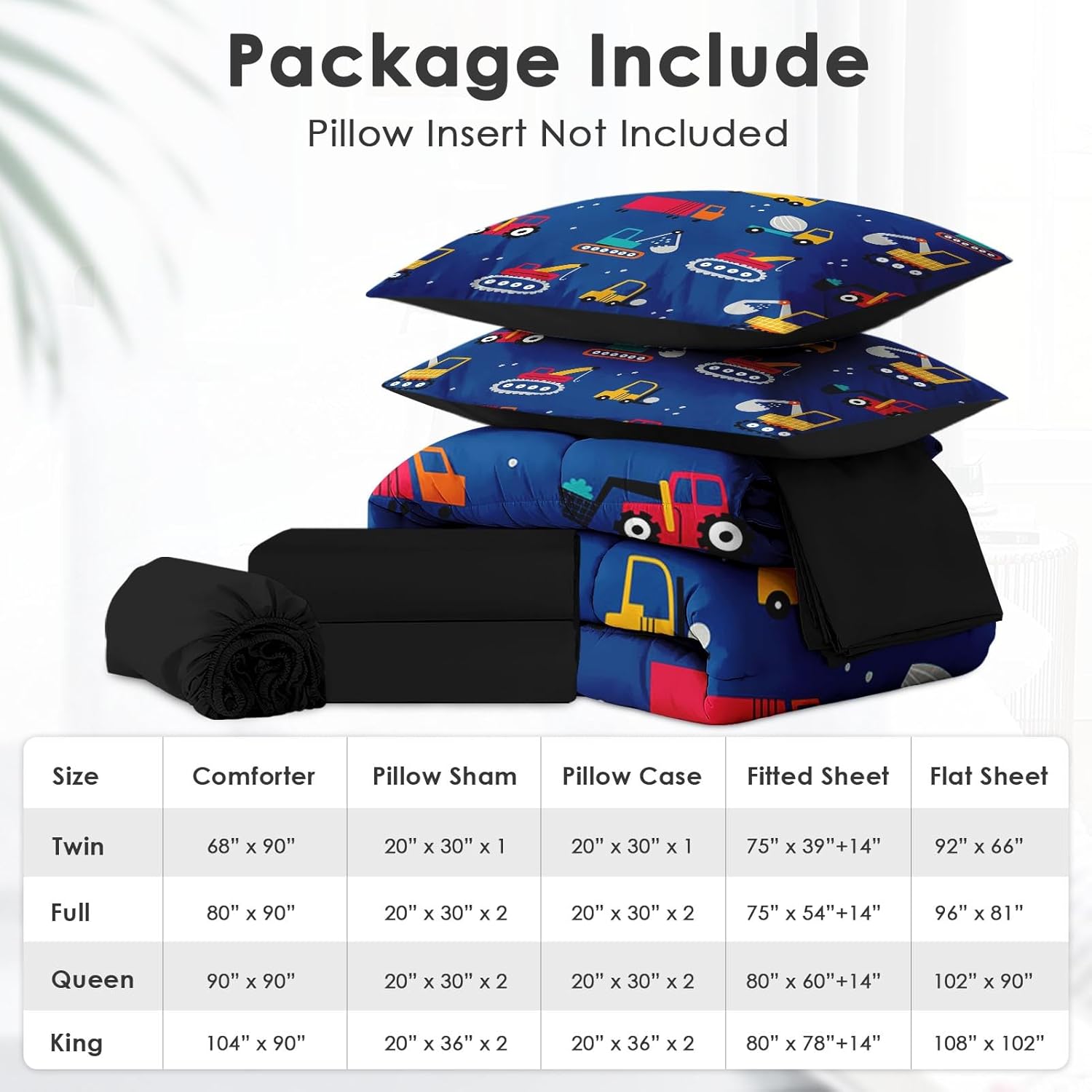 7Pcs Bedroom Comforter Set Queen Size, Cartoon Construction Bulldozer Crane Vehicle Truck Car, Bedding Decor Funny Excavator Digger Tractor Blue Bed Set Flat Fitted Sheet for Kids and Adults