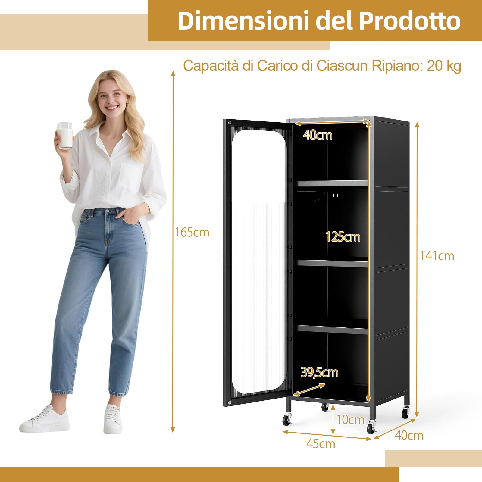 COSTWAY Mobile da Cucina in Metallo a 5 Ripiani, Credenza Salvaspazio con Mensole Regolabili 4 Ruote, Base Intercambiabile e Porta Semitrasparente, Organizzatore per Sala da Pranzo, Soggiorno (Nero)