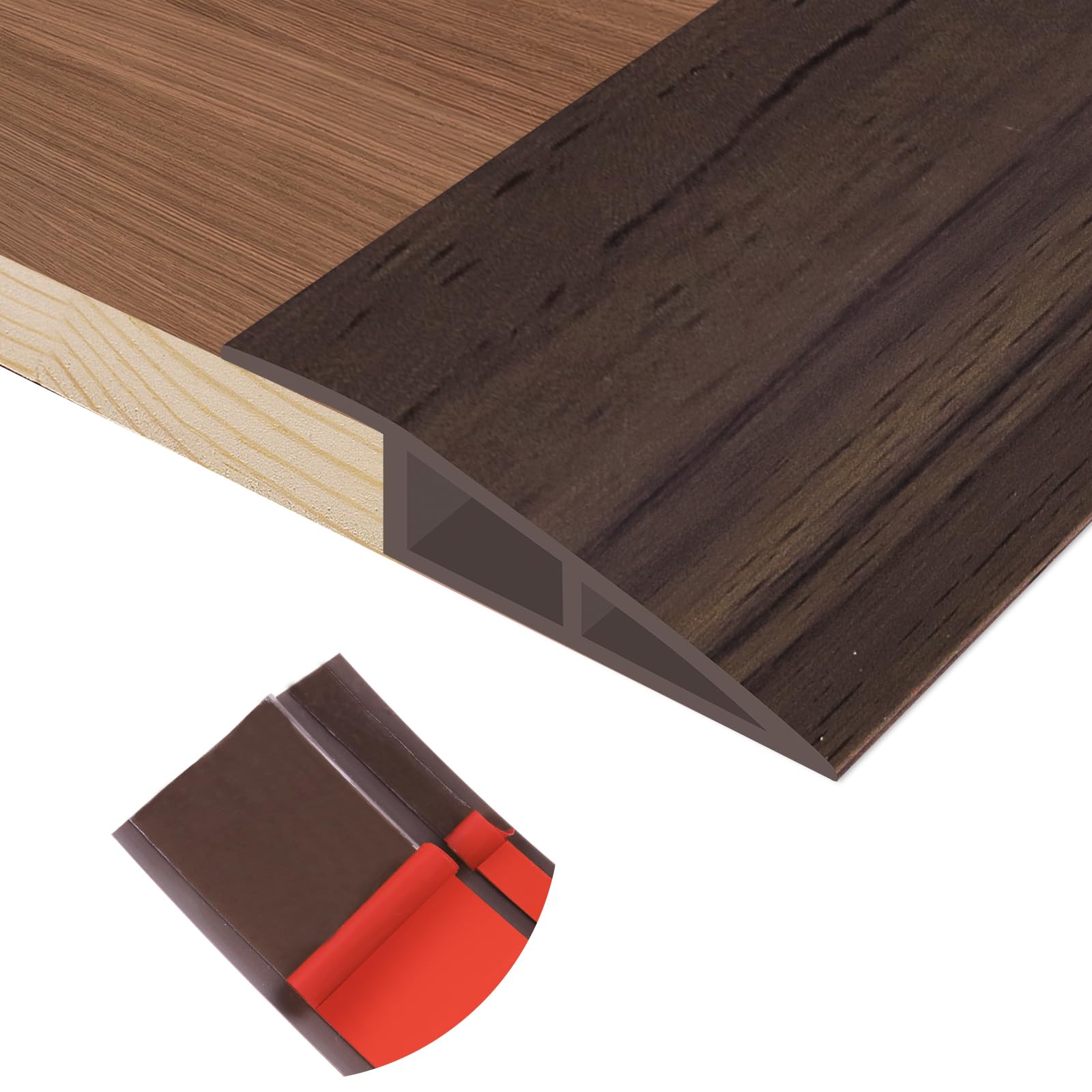 Floor Transition Strip Self Adhesive Vinyl Door Threshold Strip | Rubber Transition Strips for Doorways Reducer for Laminate Floor Carpet Tile, Deep Brown Wood Grain, 1/5" to 2/5", 3.3Ft
