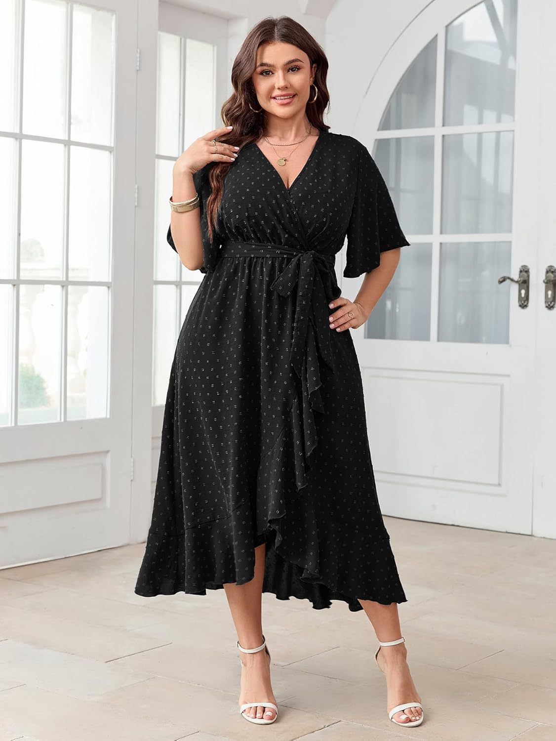 SCOMCHIC Women's Plus Size Summer Dresses Short Sleeve Wrap V Neck Swiss Dot Boho High Low Split Ruffle Maxi Dress - Image 5