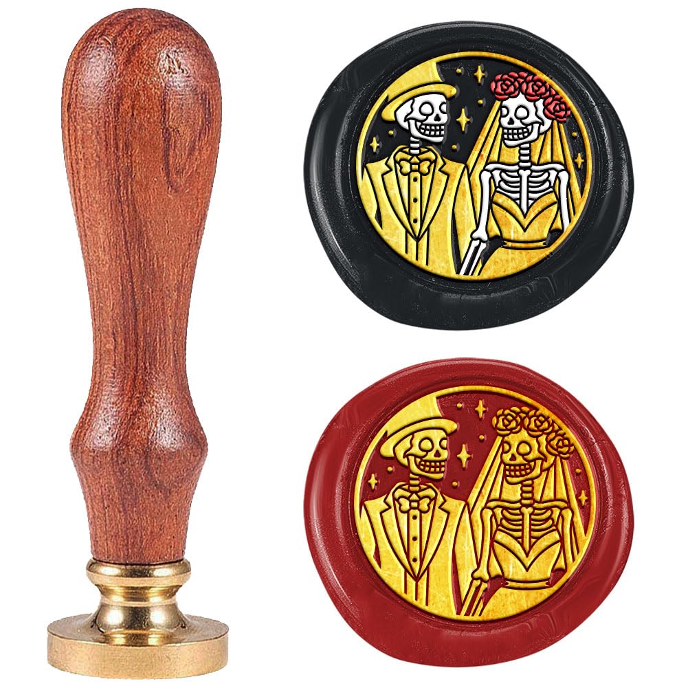 DELORIGIN 1" Skeleton Bride and Groom Wax Seal Stamp Retro Sealing Stamps Removable Brass Head Seal Stamp with Wooden Handle Sealing Wax for Wedding Card Letter Invitations Gift Card Envelope