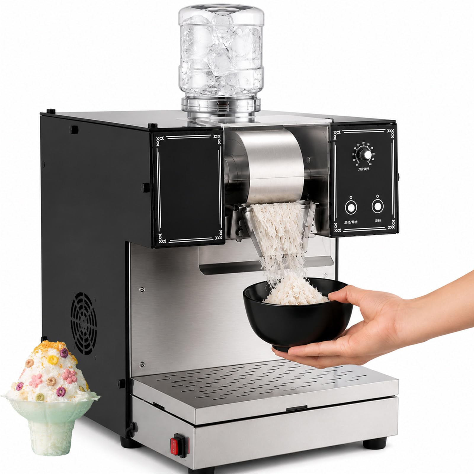 FRANREADER Powerful Ice Crusher Machine Commercial Grade, 180kg Ice per Day, 0-100 Stepless Speed, Durable Copper Motor & Easy Drain. Best Shaved Ice Maker for C-Stores and Snack Bars.