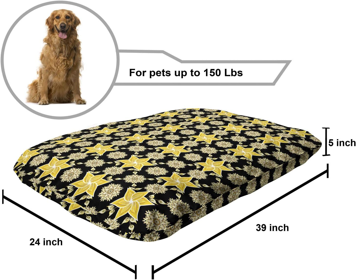 review Lunarable Yellow Medallion Pet Bed, Star Like Shaped Flowers Pattern on Dark Tone Backdrop, Chew Resistant Pad for Dogs and Cats Cushion with Removable Cover, 24