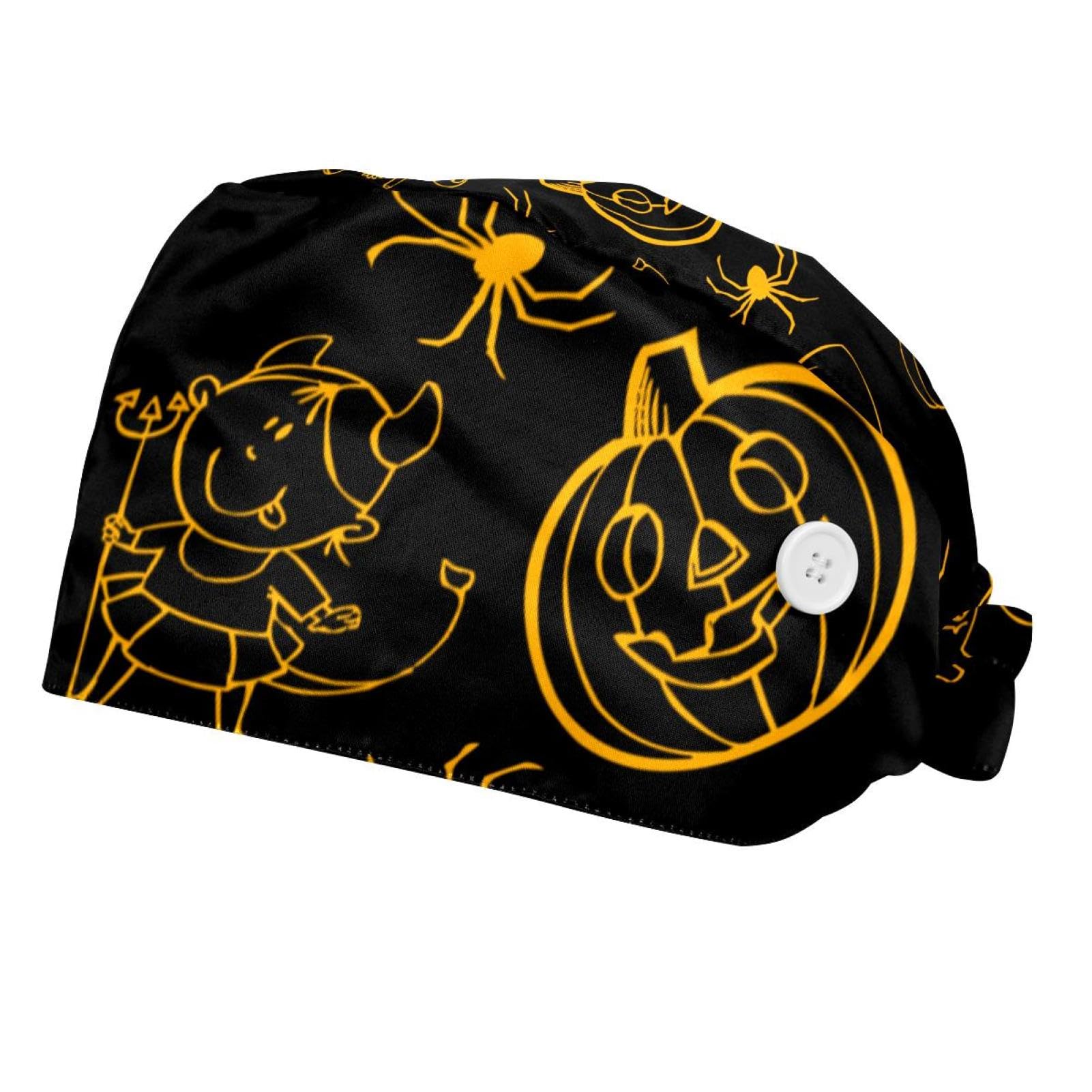 Halloween Black Pumpkin 2 Pcs Unisex Bouffant Scrub Hats Women with Buttons Adjustable Nurse Caps for Women