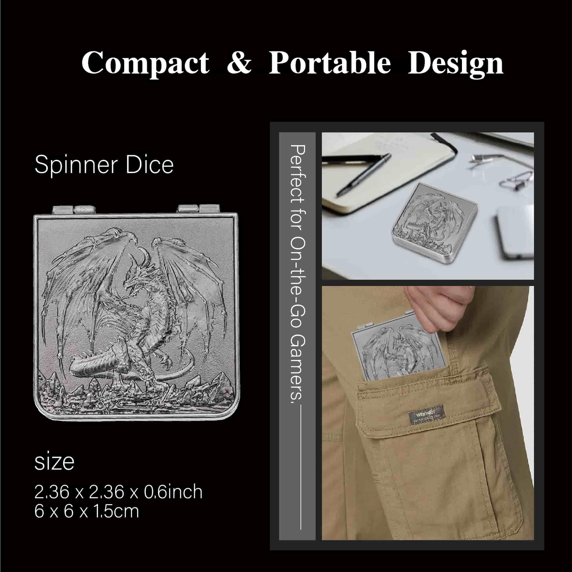 cusdie 7-in-1 Foldable Spinner Metal DND Dice Set including PU Leather Bag, Compact Design with D4, D6, D8, D10, D12, D20 - Image 4