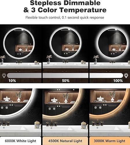 Miniatura 3 de Espejo de baño LED de 28 pulgadas espejo de tocador redondo con luces, regulable y cambio de 3 colores, retroiluminación y luz delantera, vidrio