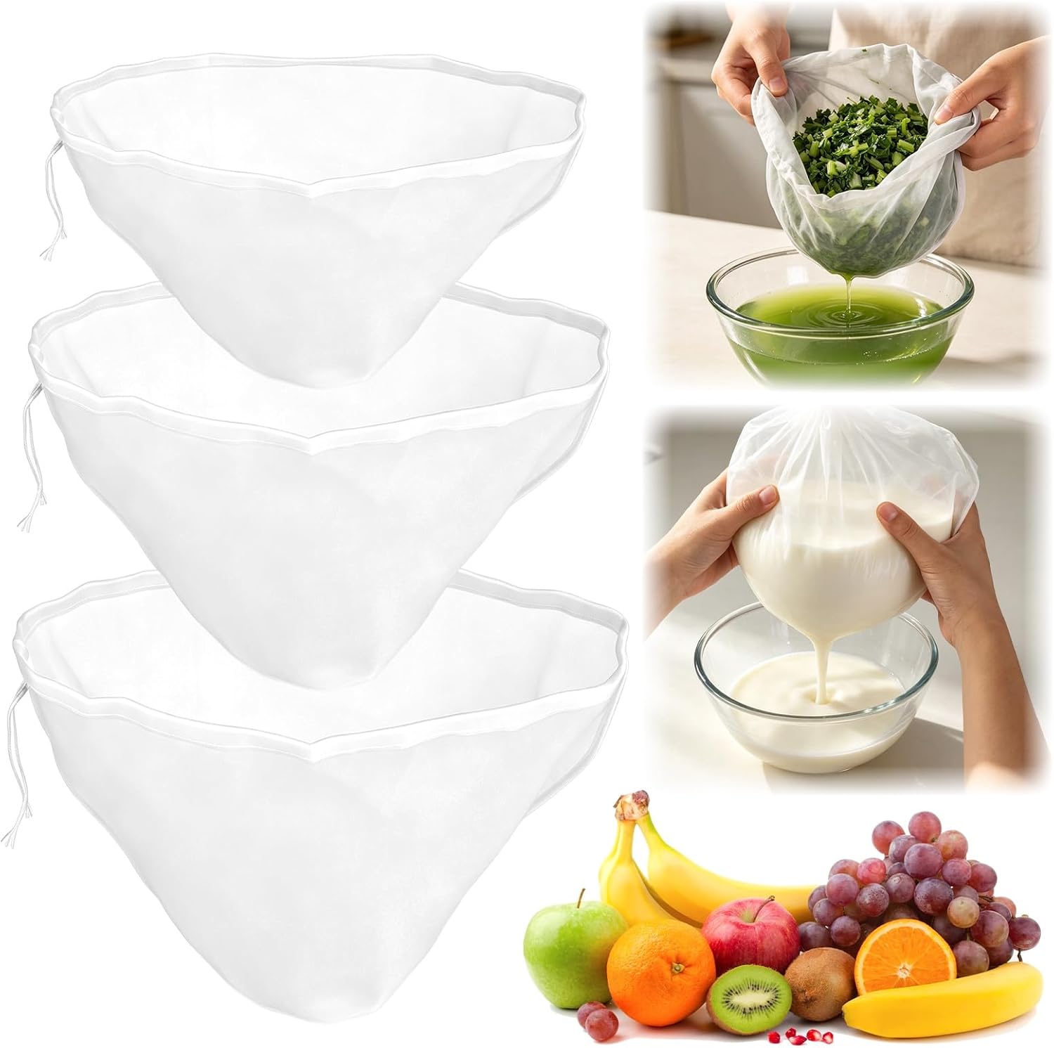 3pcs Cheese Cloth Bags for Straining, Bowl-Shaped Reusable Cheese Cloth Bags for Nut Milk, Dumpling Fillings, Butter & Juices, and More