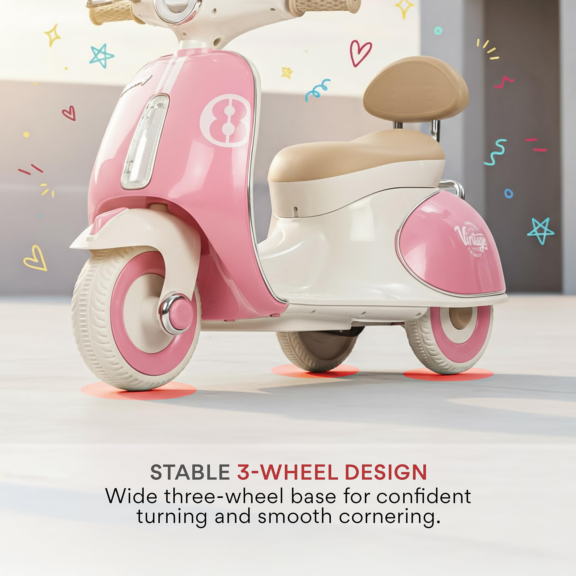 Baybee Vintage Battery Operated Bike for Kids, Ride on Toys Kid Scooty with Light & Music | Baby Rechargeable Battery Bike | Electric Bike for Kids to Drive 2 to 6 Years Boys Girl (Pink) 3