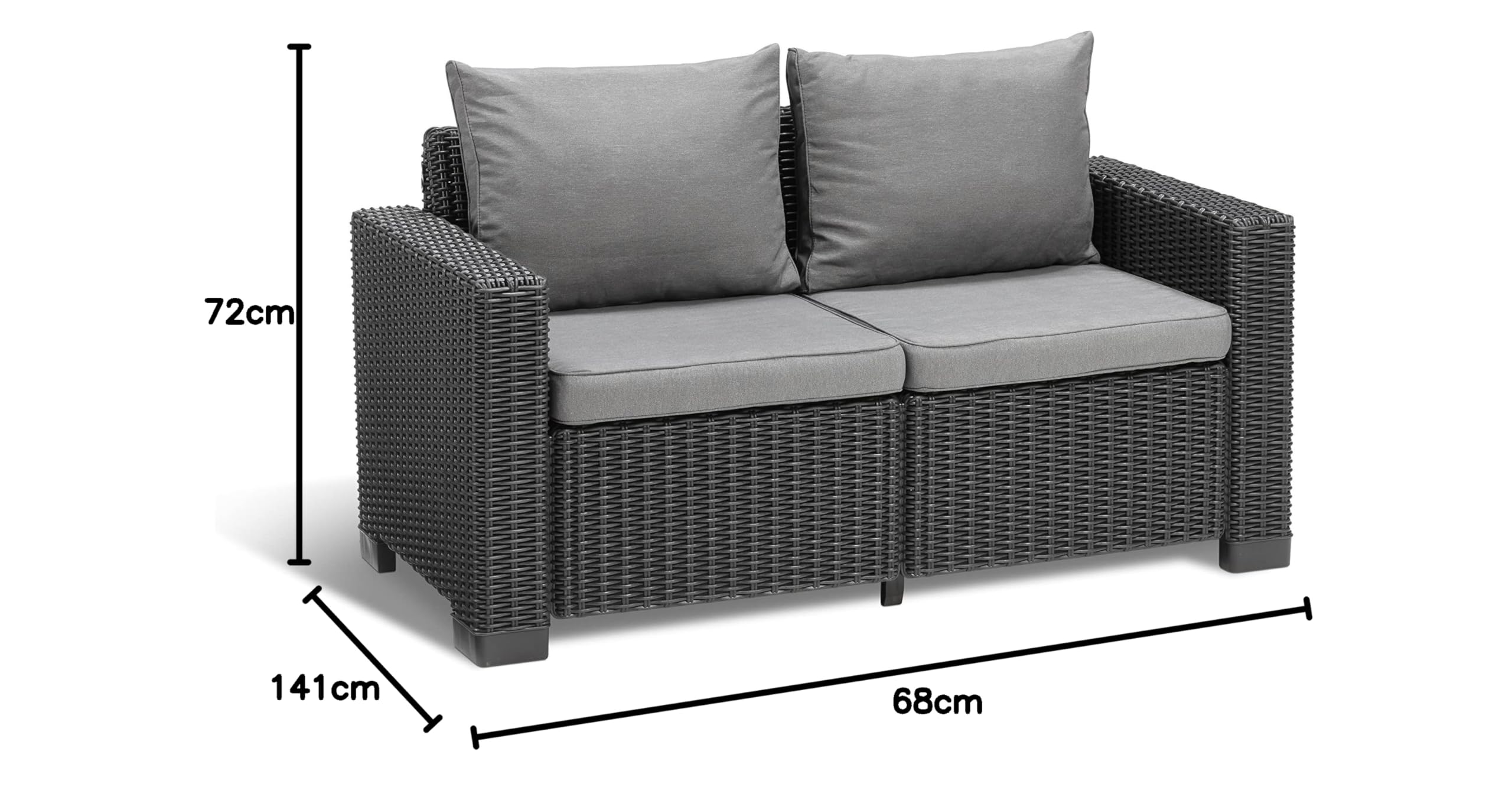 "Allibert by Keter" California 2-Sitzer Gartensofa für Balkon und Terrasse, inklusive Sitzauflagen und Rückenkissen, runde Rattanoptik, Lounge Gartenmöbel, Graphit/panama cool grau, 141 x 68 x 72 cm