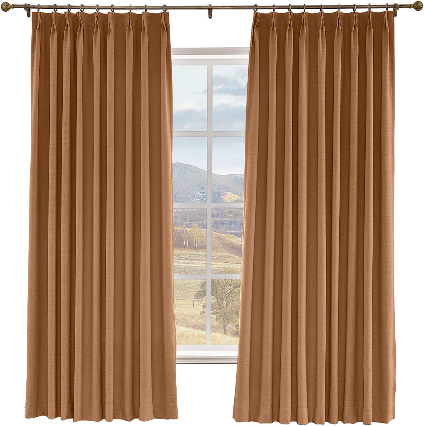 Macochico 52 W x 96 L Blackout Faux Linen Curtains Blackout Room Drapery Panel with Pinch Pleated for Bedroom Classrooms Sliding Glass Door,Orange Copper (1 Panel)