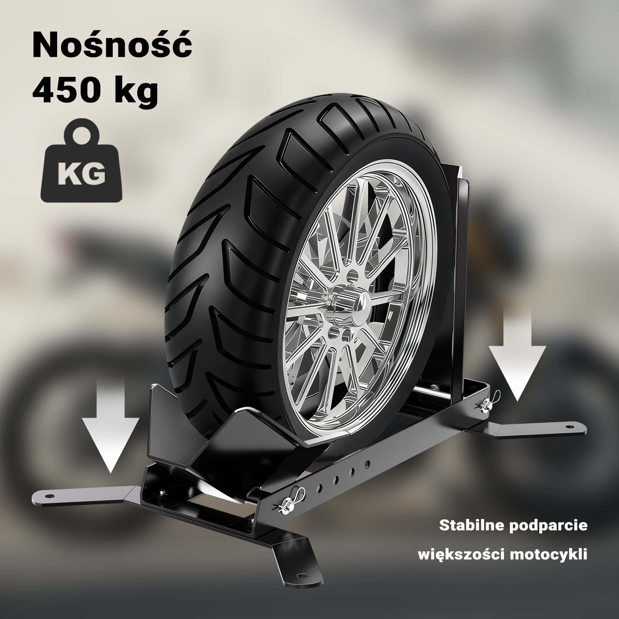 Wiltec Stojak na motocykl do przedniego lub tylnego koła 14-17" czarny do maks. 450 kg, stojak do serwisu motocyklu z otworami mocującymi