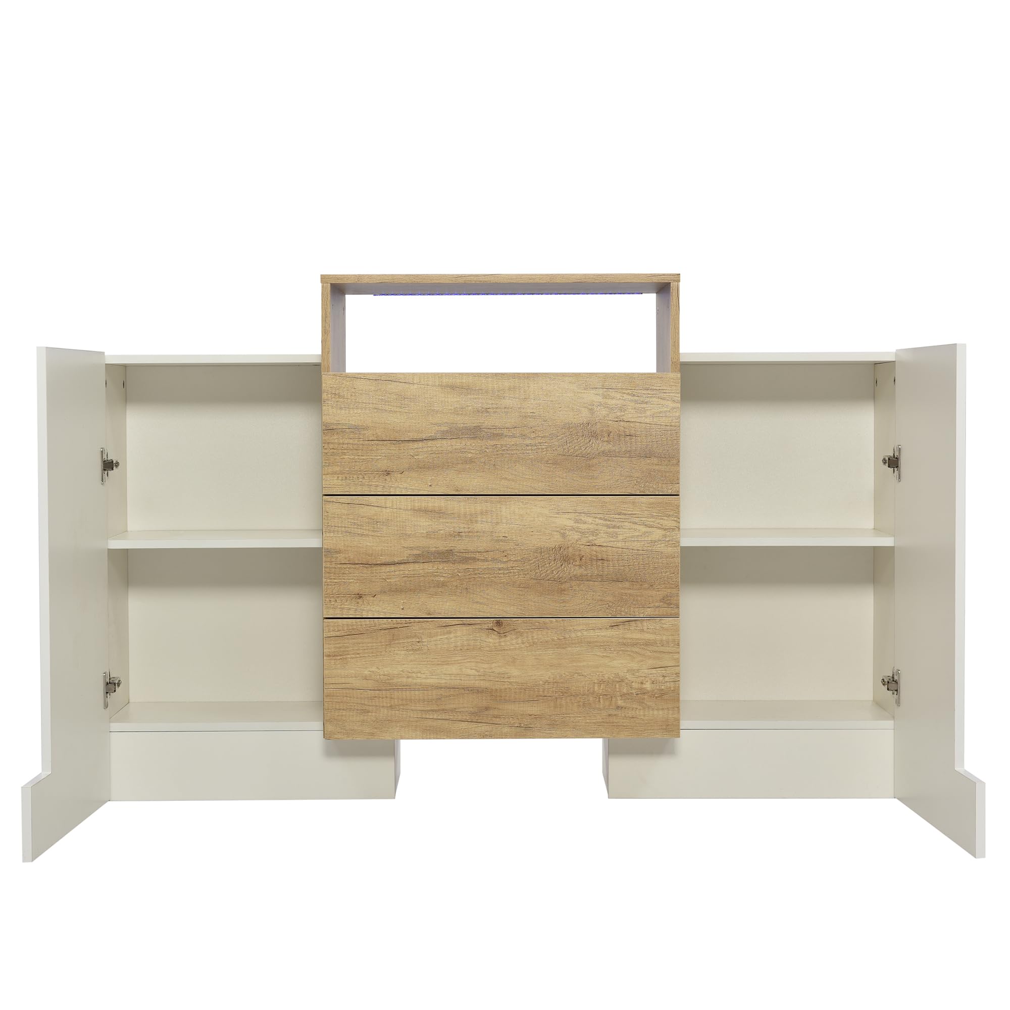 BTM Sideboard, 140 Kommode LED mit 3 Schubladen & 2 Türen, Moderne Glänzend Schrank Wohnzimmer, Hohe 140x30x90 cm, Weiss & Holz